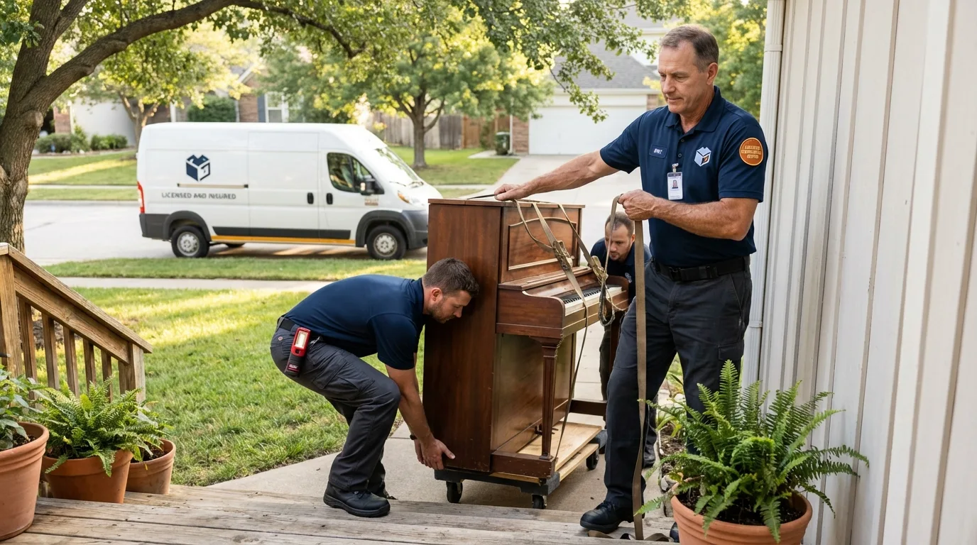 Licensed piano movers securing grand piano in Creve Coeur, IL