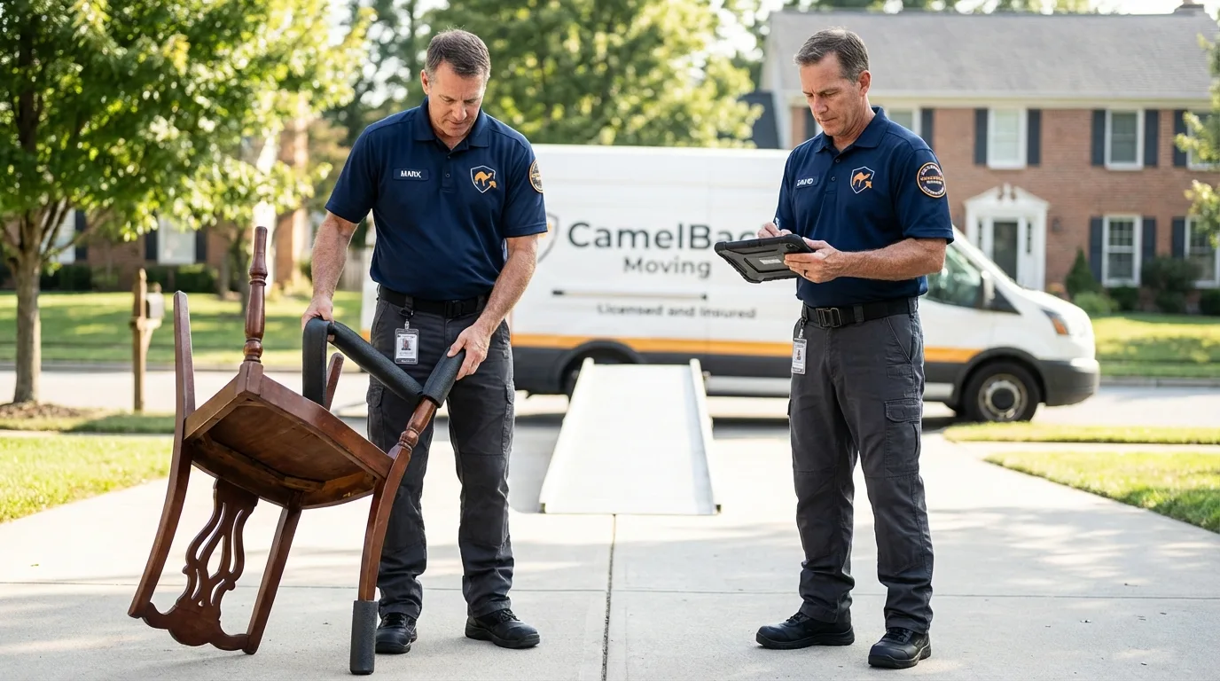 Movers inspecting furniture for damage prevention before loading in Creve Coeur, IL