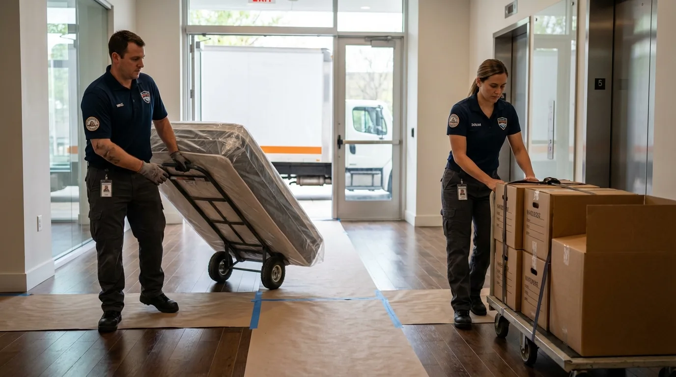 Professional apartment movers loading elevator in Creve Coeur, IL