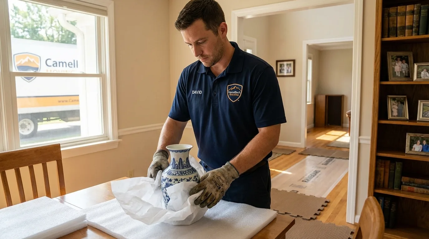 Professional crew carefully wrapping antique vase for senior downsizing move in Creve Coeur, IL