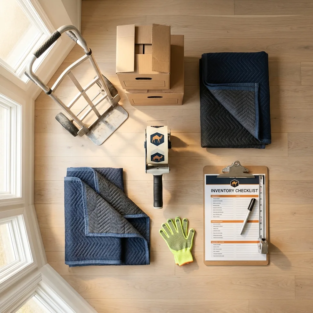 Professional moving supplies and packing materials layout for Creve Coeur residential relocations